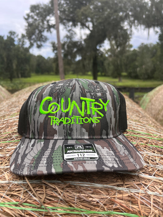 Original Logo Neon Green Stitch Realtree Bark Camo Trucker Hat